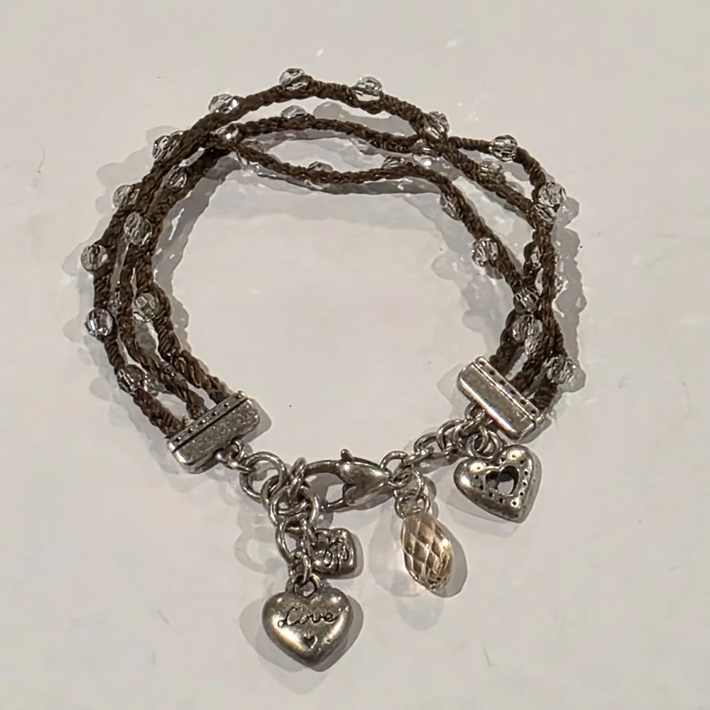 Brighton Brown Braided Beaded Silver Heart Charm Bracelet‎